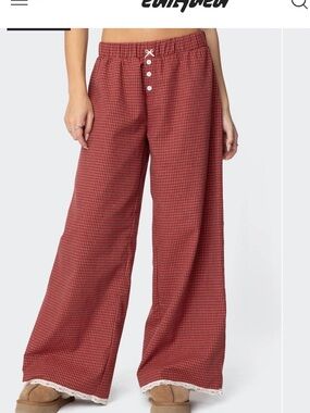 Edikted Dakota Red Plaid Lace-Trim Pants – Size XS